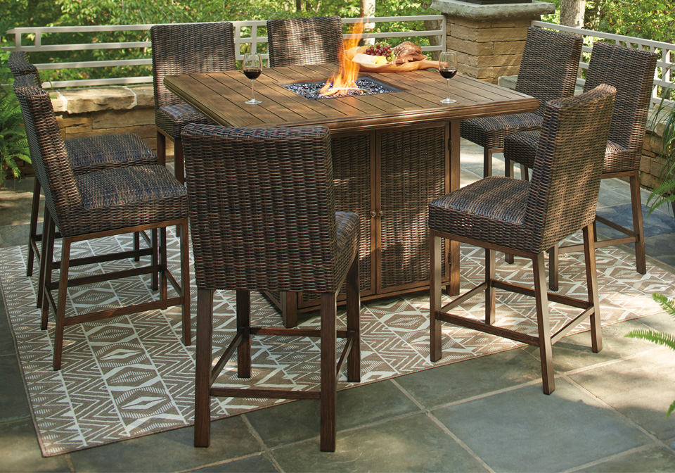 Paradise Trail Brown Outdoor Bar Table, Outdoor High Top Fire Pit Table And Chairs
