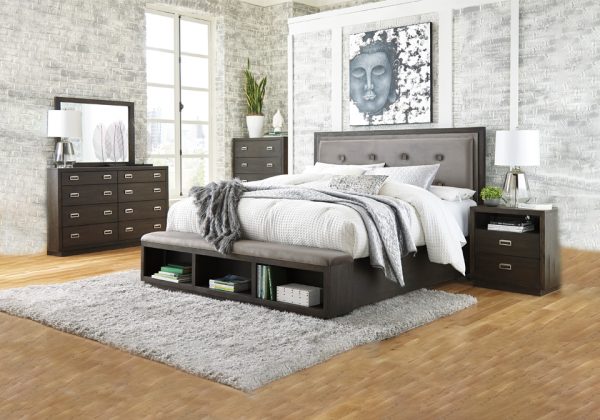 Hyndell Dark Brown Queen Upholstered Storage Bedroom Set